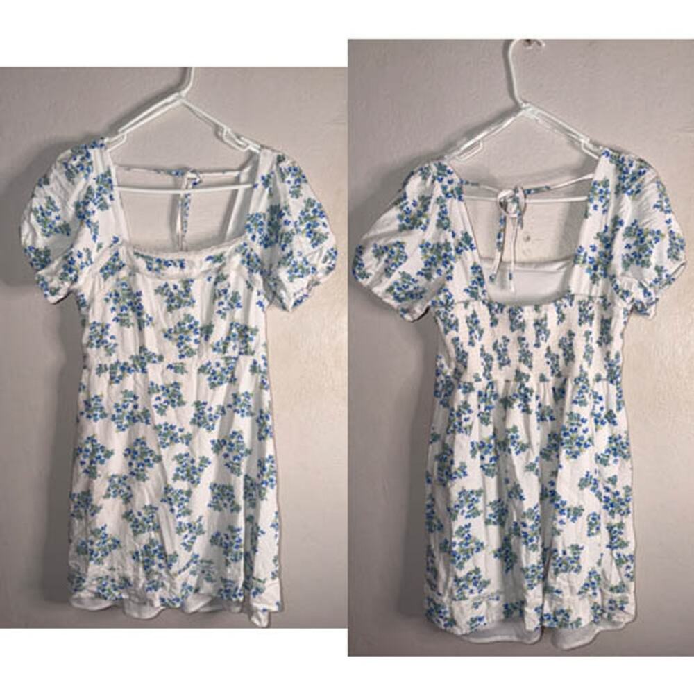 Japna Blue Floral Puff Sleeve Dress Size L Square Neck Fit Flare